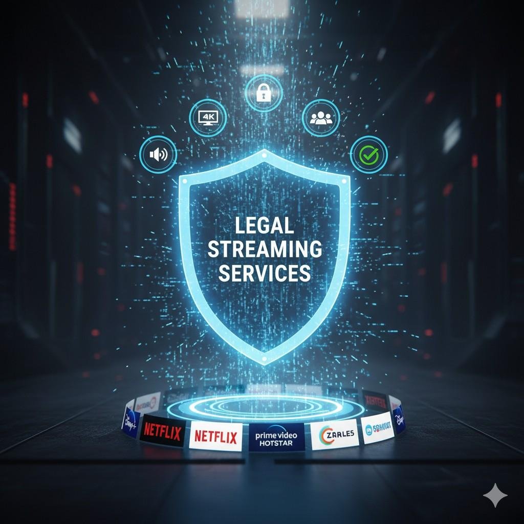 A digital shield with a warning sign, representing the cybersecurity risks of using Movierulz.