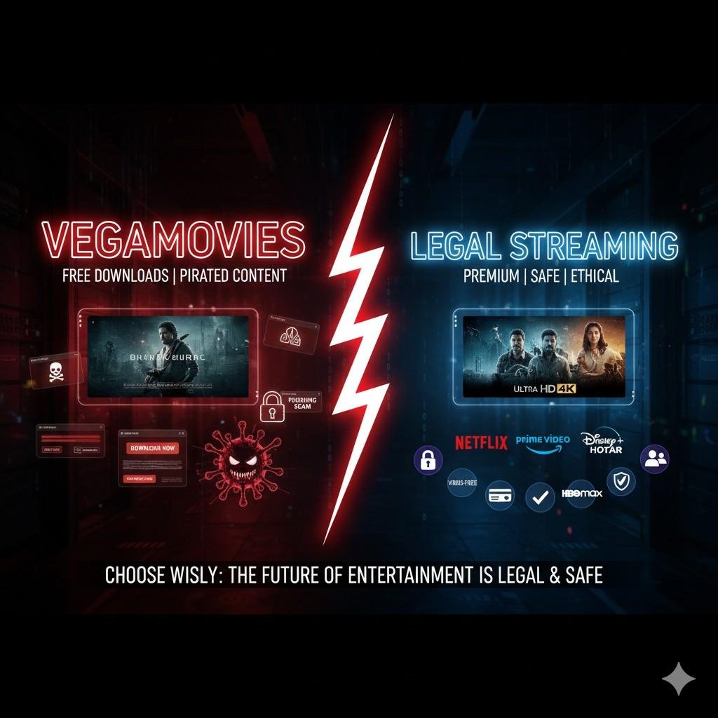 Vegamovies platform interface showing movie categories and streaming options